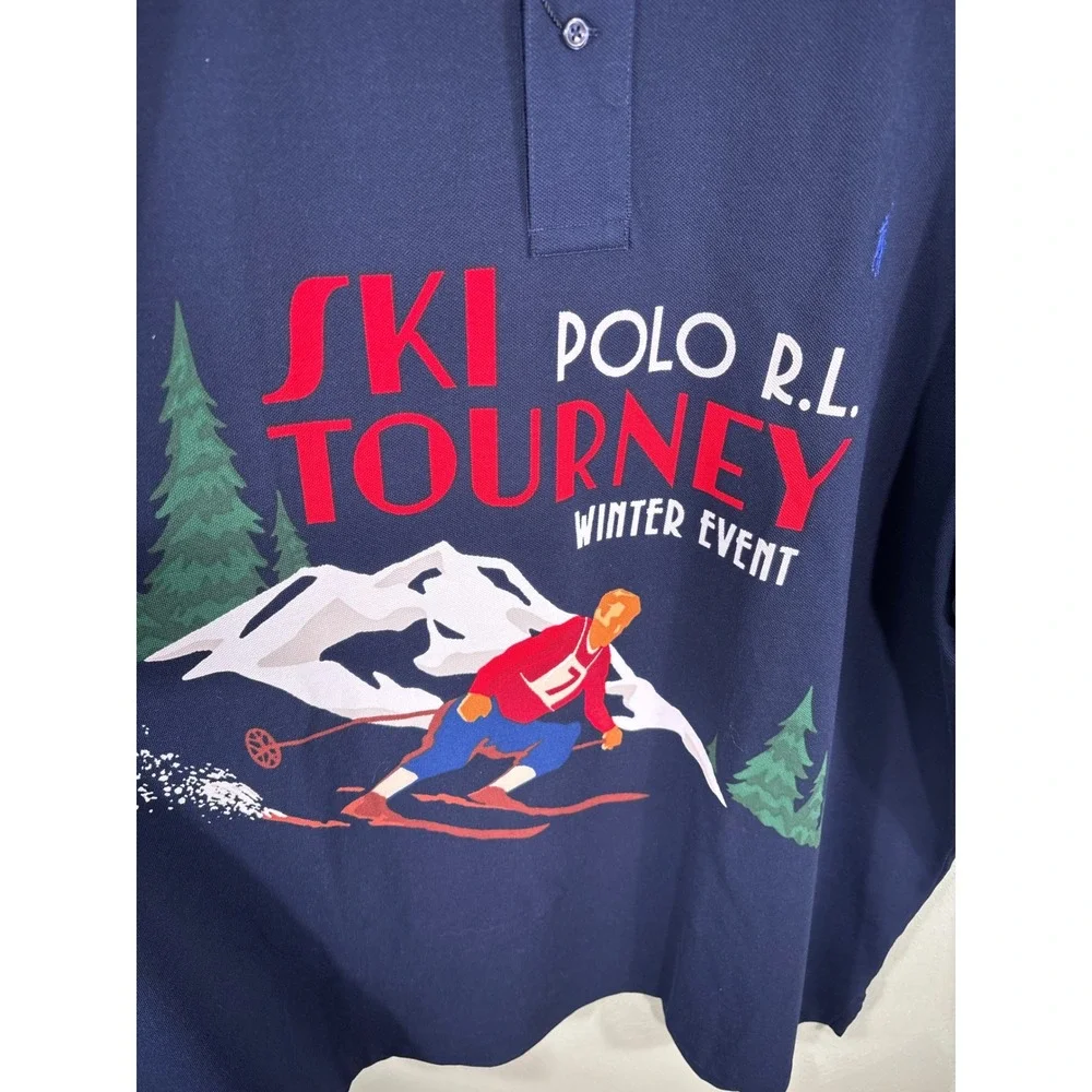Polo Ralph Lauren Men 4XLT Navy Blue Ski Tourney Winter Event Graphic Polo Shirt